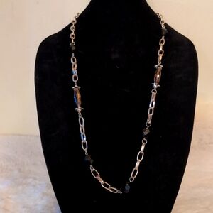 Silver Toned Long Necklace With Black Beads